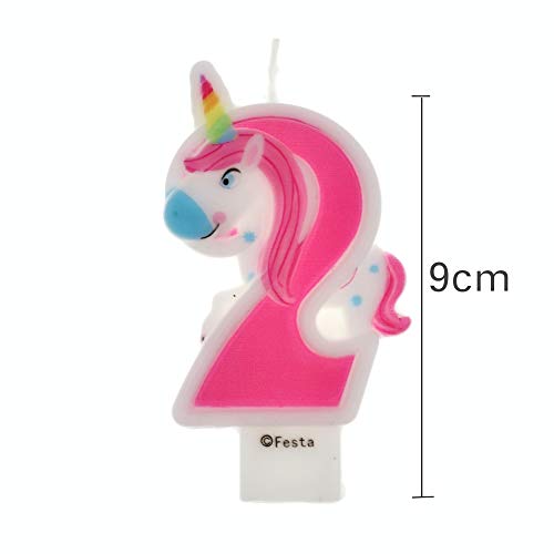 Velas de Cumpleaños Diseño Unicornio de 9cm, Adecuadas para fiesta de Cumpleaños para Niños Niñas Color Rosa blanca Numero 2