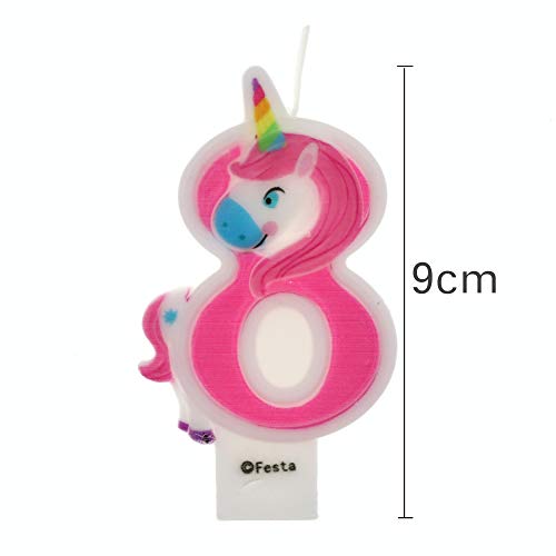 Velas de Cumpleaños Diseño Unicornio de 9cm, Adecuadas para fiesta de Cumpleaños para Niños Niñas Color Rosa blanca Numero 8