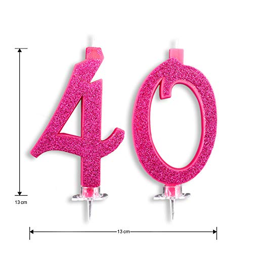 Velas Maxi de 40 años para Tarta de cumpleaños, 40 años, decoración de Velas de cumpleaños, Tarta 40, Fiesta temática, Altura 13 cm, Fucsia Brillante