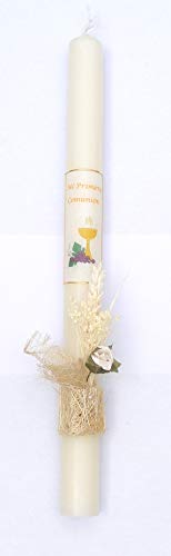 VELAS PINSART Vela de Comunión posibilidad de Personalizar medidas 40x3 cm en color,blanco y dorado con rafia y una rosa blanca (blanco personalizado)