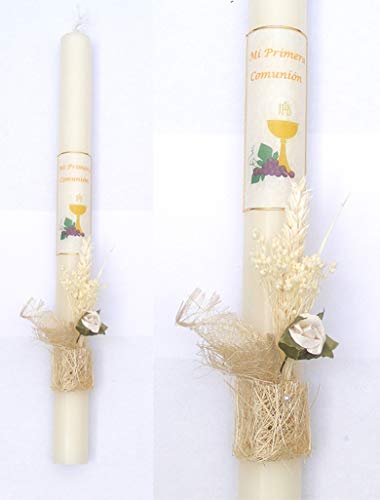 VELAS PINSART Vela de Comunión posibilidad de Personalizar medidas 40x3 cm en color,blanco y dorado con rafia y una rosa blanca (blanco personalizado)