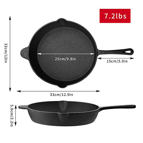 Velaze Sartén de Hierro Fundido con Rayas, Sarten Pre-Seasoned Fundido con Antiadherente Redondo de Negro para Cocina con Gas, Horno y Inducción, Alta Calicidad de Hierro Fundido con Mango - 30 cm