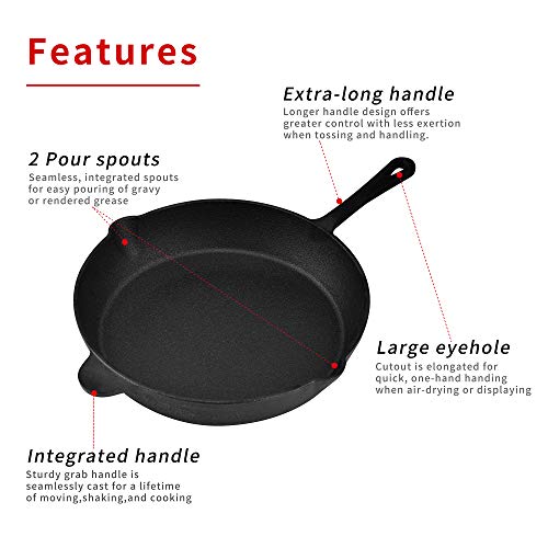 Velaze Sartén de Hierro Fundido con Rayas, Sarten Pre-Seasoned Fundido con Antiadherente Redondo de Negro para Cocina con Gas, Horno y Inducción, Alta Calicidad de Hierro Fundido con Mango - 30 cm