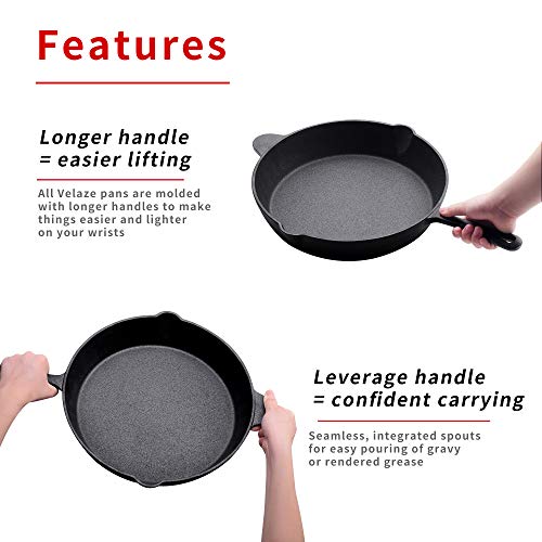 Velaze Sartén de Hierro Fundido con Rayas, Sarten Pre-Seasoned Fundido con Antiadherente Redondo de Negro para Cocina con Gas, Horno y Inducción, Alta Calicidad de Hierro Fundido con Mango - 30 cm