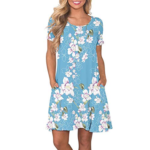 VEMOW Vestido Mujer Mujeres Verano Manga Corta Floral Bolsillos Impresos Vestido de oscilación Ocasional de Sundress(A Cielo Azul,XL)