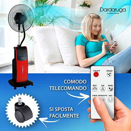 VENTILADOR Digital Dardaruga WFD NEBULIZADOR (tanque XXL de 3.10 litros) Ionizador, Antimosquitos y Repelente de Insectos, Compartimento AROMA, Temporizador, Control Remoto, Oscilación, Ruedas (ROJO)