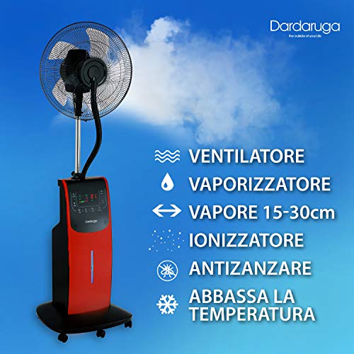 VENTILADOR Digital Dardaruga WFD NEBULIZADOR (tanque XXL de 3.10 litros) Ionizador, Antimosquitos y Repelente de Insectos, Compartimento AROMA, Temporizador, Control Remoto, Oscilación, Ruedas (ROJO)