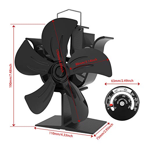 Ventilador Estufa Grande de 5 aspas para un Espacio Grande en el Registro/Estufa de Leña/Estufa/Chimenea, Ventilador de Chimenea Silencioso Ecológico （Negro）