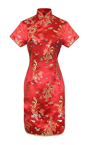 Vestido Chino Corta Rojo Cheongsam Mangas Cortas Qipao Motivo dragón tamaño 38