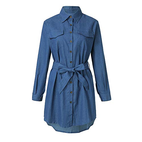 Vestido de Vaquero Casual para Mujer Manga Larga Corto Mini Otoño Invierno,PAOLIAN Vestido Sexy Escote V Azul Vestido con Faja Elegantes Moda 2019 Primavera