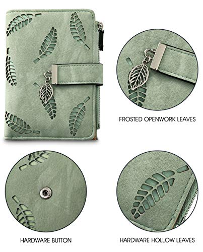 VEVESMUNDO Mujeres Monedero Cartera Billetera Tarjetero Tarjeta Bolso Bolsillo Moda PU Cuero Genuino Piel Corto con Gran Capacidad Cremallera Colgante de Hoja (Verde)