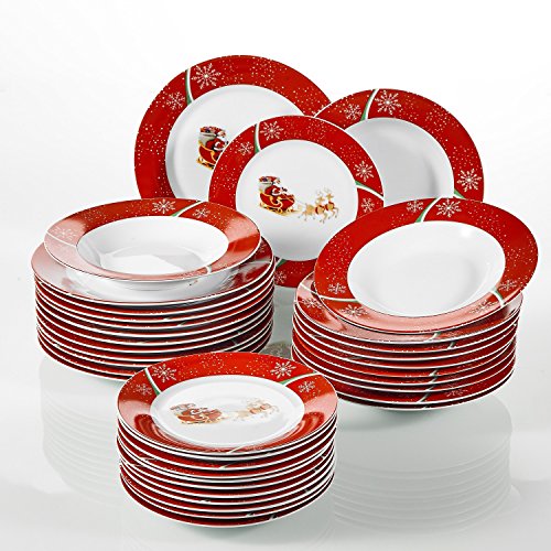 VEWEET, Serie CHRISTMASDEER, 36 Piezas Vajillas de Porcelana, Vajillas de Navidad Decoracion Fiesta/Mesa, 12 Platos Hondos, Platos Llanos y Platos de Postre