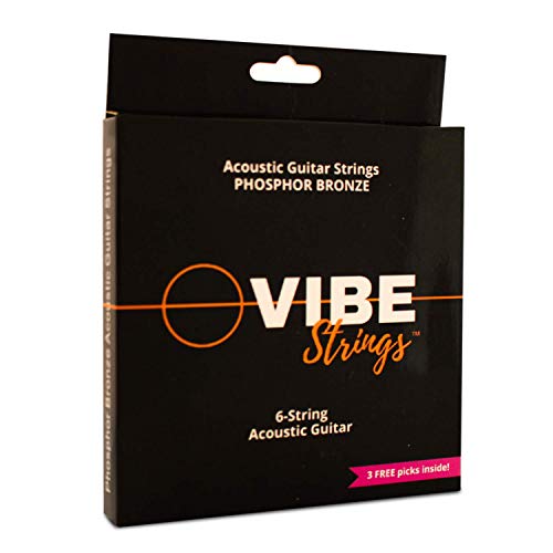 Vibe™, Cuerdas para guitarra acústica, bronce fosforoso, empaque al vacío para conservar frescura y vida útil, fácil de encordar, paquete de 6 cuerdas con 3 púas - Calibre ligero .011 - .050