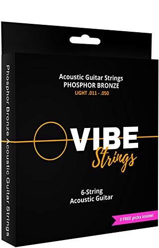 Vibe™, Cuerdas para guitarra acústica, bronce fosforoso, empaque al vacío para conservar frescura y vida útil, fácil de encordar, paquete de 6 cuerdas con 3 púas - Calibre ligero .011 - .050