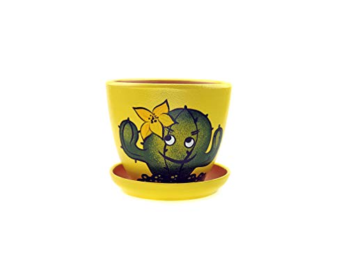 Victoria Bella - Maceta de cerámica pintada a mano con agujero de drenaje y platillo de cactus con una flor sobre fondo amarillo H-130 mm D-150 mm Volumen - 1 litro
