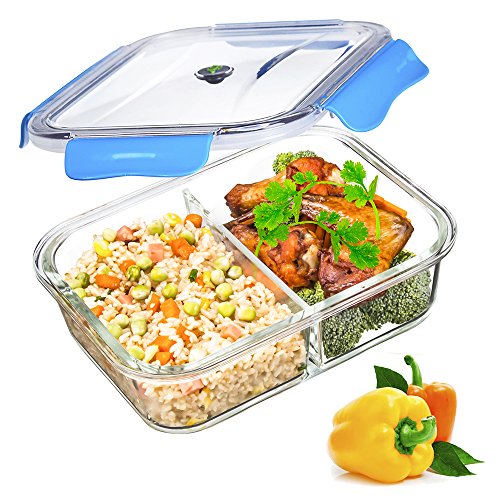 Vidrio Contenedor Alimentos Hermetico - Recipientes Comida Cristal Microondas - Fiambreras Bento con 2-compartimentos - tapers para comida almuerzo, 100% sin bpa (1,52 L, Rectángulo, Azul)