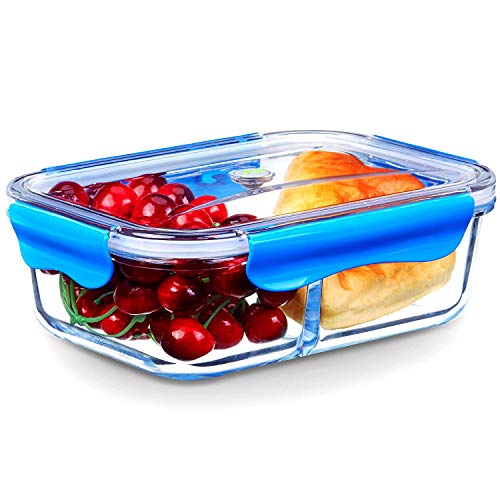 Vidrio Contenedor Alimentos Hermetico - Recipientes Comida Cristal Microondas - Fiambreras Bento con 2-compartimentos - tapers para comida almuerzo, 100% sin bpa (1,52 L, Rectángulo, Azul)