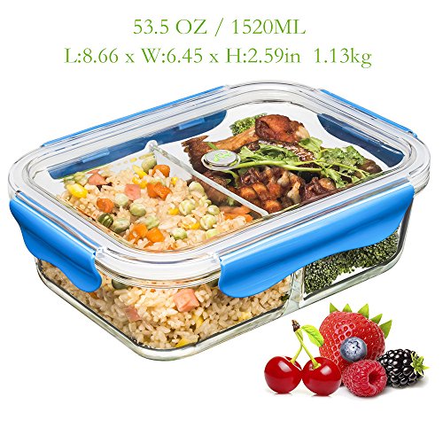 Vidrio Contenedor Alimentos Hermetico - Recipientes Comida Cristal Microondas - Fiambreras Bento con 2-compartimentos - tapers para comida almuerzo, 100% sin bpa (1,52 L, Rectángulo, Azul)