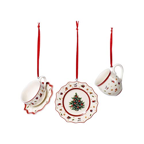 Villeroy & Boch Toy's Delight Juego de vajilla de decoración, 3 piezas Decoración para colgar, Premium Porcelain, tejidos, metal, blanco, rojo, 6,3 cm