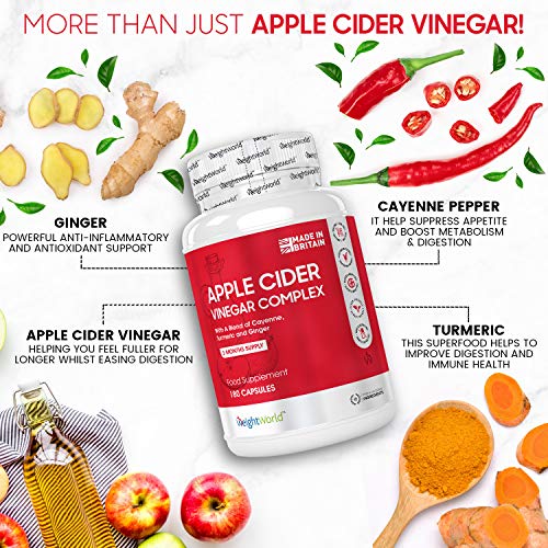 Vinagre de Sidra de Manzana 1000mg 180 Cápsulas - Suplemento Para Perder Peso, Con Cúrcuma, Jengibre y Pimienta de Cayena, Mejora Digestión, Quemagrasas Natural, Para Adelgazar Dieta Keto, Vegano