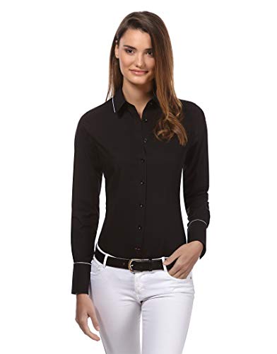 Vincenzo Boretti Camisa de Mujer, Corte Ligeramente más angosto, 100% algodón, Manga-Larga, Lisa, fácil de Planchar, Cuello Kent, Elegante y clásica Negro 34