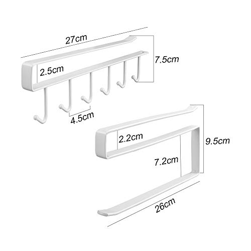 VINFUTUR 1pcs Colgador de Tazas+1pcs Soporte de Rollos Cocina+2pcs Ganchos Adhesivos Soportes para Colgar Utensilios de Cocina Debajo de Gabinete Armario sin Perforación