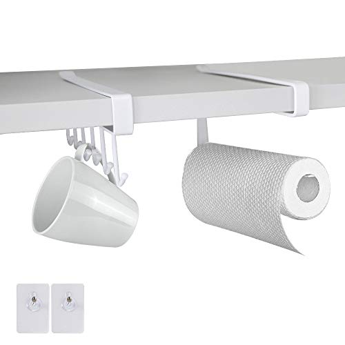 VINFUTUR 1pcs Colgador de Tazas+1pcs Soporte de Rollos Cocina+2pcs Ganchos Adhesivos Soportes para Colgar Utensilios de Cocina Debajo de Gabinete Armario sin Perforación