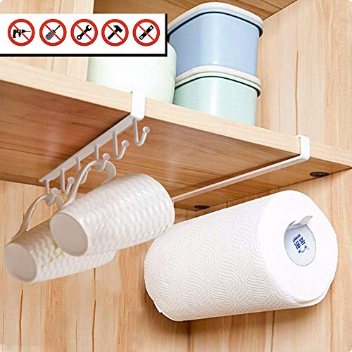 VINFUTUR 1pcs Colgador de Tazas+1pcs Soporte de Rollos Cocina+2pcs Ganchos Adhesivos Soportes para Colgar Utensilios de Cocina Debajo de Gabinete Armario sin Perforación