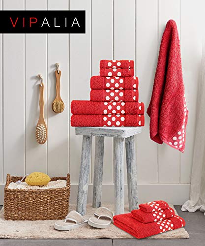 Vipalia Juego de Toallas de Baño 3 Piezas. Calidad Rizo 100% Algodón Egipcio 450 gr. Lisas. 3 Tamaños Tocador Lavabo y Ducha Sabana. Cenefa Dibujo Lunares. Color Rojo