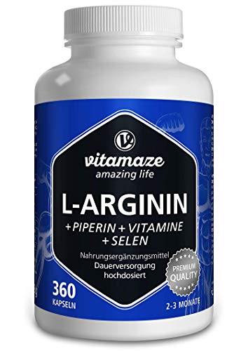 VISPURA® Cápsulas de L-Arginina, Altamente Concentrada, 360 Comprimidos con Fórmula Vital B6, B12 + Ácido Fólico + Selenio y Piperina para 3 Meses, sin Aditivos Innecesarios, Calidad Alemana