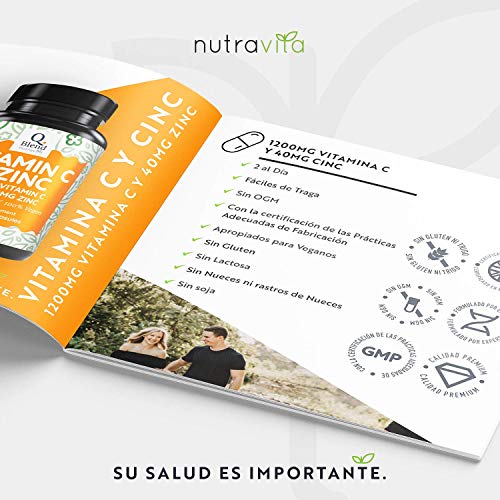 Vitamina C 1200 mg y Zinc 40 mg - 120 Cápsulas Vegetarianas - Mantener un Sistema Inmunológico Saludable - 2 Cápsulas al día - Hecho en UK por Nutravita