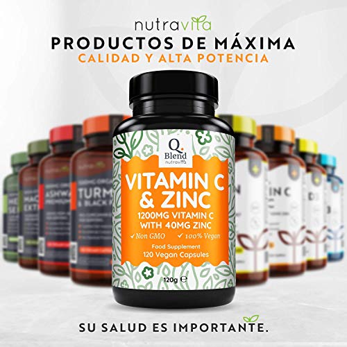 Vitamina C 1200 mg y Zinc 40 mg - 120 Cápsulas Vegetarianas - Mantener un Sistema Inmunológico Saludable - 2 Cápsulas al día - Hecho en UK por Nutravita