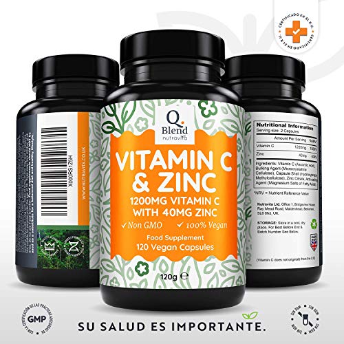 Vitamina C 1200 mg y Zinc 40 mg - 120 Cápsulas Vegetarianas - Mantener un Sistema Inmunológico Saludable - 2 Cápsulas al día - Hecho en UK por Nutravita