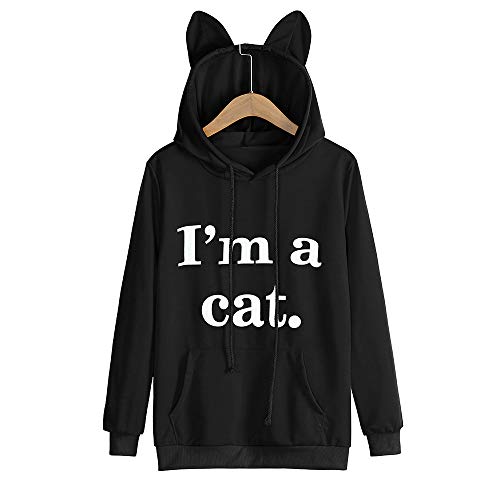 VJGOAL Moda Casual para Mujer Manga Larga Soy un Gato impresión de Letra Linda Oreja del Gato Sombrero Sudadera con Capucha Sudadera con Capucha Tops Blusa(XL，Negro