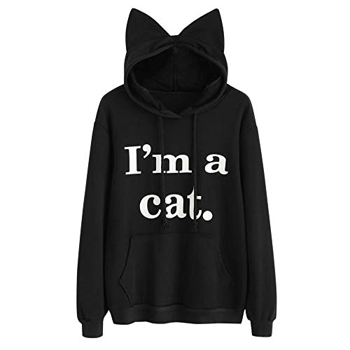 VJGOAL Moda Casual para Mujer Manga Larga Soy un Gato impresión de Letra Linda Oreja del Gato Sombrero Sudadera con Capucha Sudadera con Capucha Tops Blusa(XL，Negro