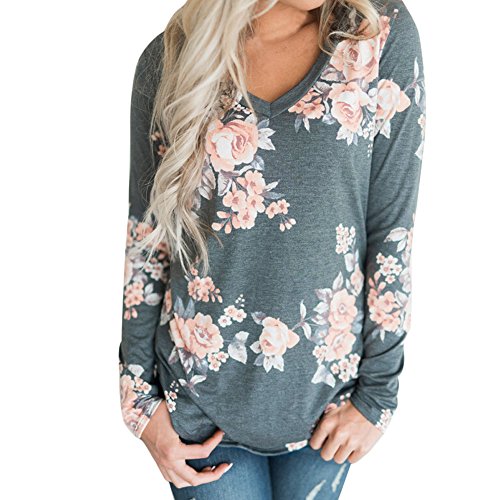 VJGOAL Mujeres Casual Fashion Loose v Cuello impresión Flor Top Blusa de Manga Larga Ladies Casual Tops Camiseta