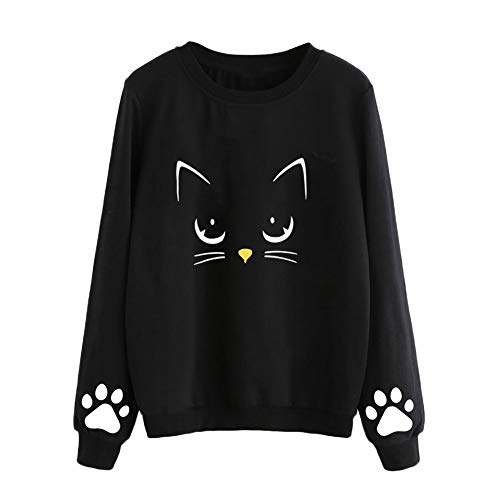 VJGOAL Mujeres Moda Casual Otoño e Invierno Lindo Gato impresión Suéter de Cuello Redondo de Manga Larga Color sólido Blusa Jersey(L，Negro