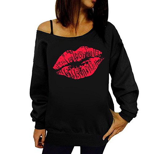 VJGOAL Mujeres otoño Casual Sexy Labios Impreso Manga Larga Sudadera Pullover Tops Blusa Camisa(L,Rojo)