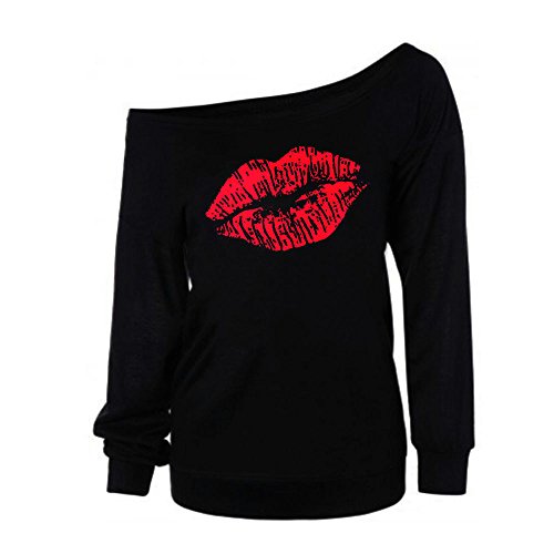 VJGOAL Mujeres otoño Casual Sexy Labios Impreso Manga Larga Sudadera Pullover Tops Blusa Camisa(L,Rojo)