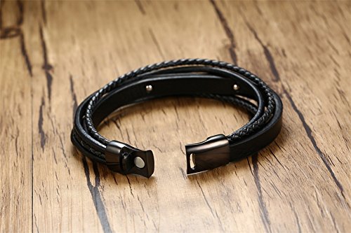 VNOX Acero Inoxidable Negro Hecho a Mano de Cuero Genuino Wiccan Grecia Triple Luna Diosa Pulsera de Brazalete para Hombres Mujeres