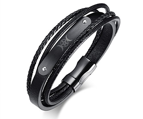 VNOX Acero Inoxidable Negro Hecho a Mano de Cuero Genuino Wiccan Grecia Triple Luna Diosa Pulsera de Brazalete para Hombres Mujeres