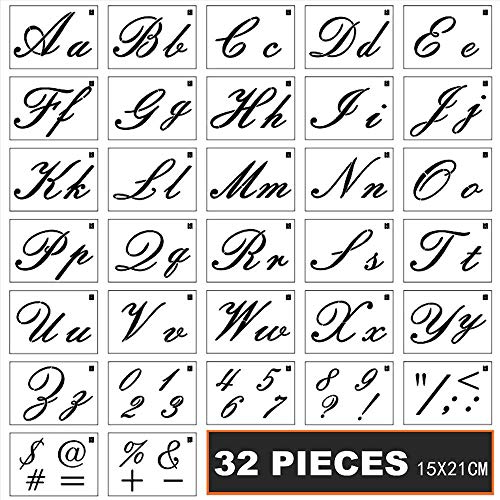 Volwco 32pcs Plantillas para números y letras, plantillas de alfabeto con fuente de caligrafía, letras superiores y minúsculas, para hacer carteles de porche, uso en una pared -15,2 x 20,3 cm