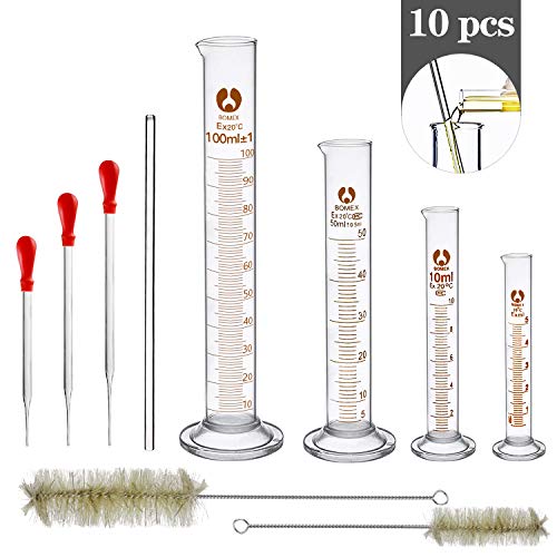 Wandefol 4pcs Cilindro Graduado de Medición, Cilindro de Medición Laboratorio, Vaso Cilindro Graduado Vídrio 5 10 50 100ml con 3 Pipetas 1 Barra 2 Cepillos para Escuela Experimento Precisión Absoluta