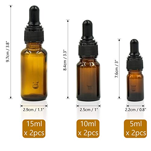 Wandefol 6pcs Botella Cuentegotas, Ambar Frasco Cuentagotas, Botella Vídrio Ambar 5 10 15ml para Maquillaje Aroma Terapia Aceite Esencial Líquido Vídrio con Tapón de Ojos contra UV