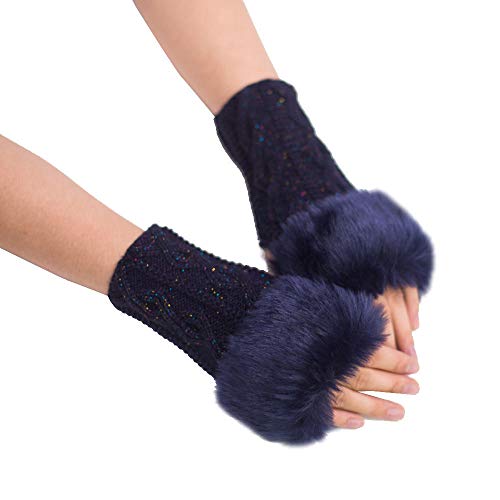 Warmwin 1 par de guantes de muñeca de piel sintética de ganchillo sin dedos para mujer de moda Patchwork de felpa Handchoenen-Navy_China_One Size