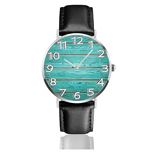 Watches Reloj de Pulsera Analógico Monoaguja de Cuarzo para Hombre Reloj para Hombre de Cuarzo Pared Pintada de Madera Vieja Aguamarina con Correa en Cuero