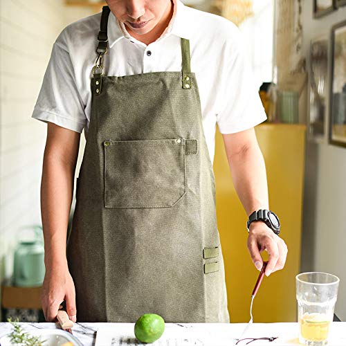 WDDNTX Delantal De Trabajo,Taller Chef Cocina Ejército Verde Durable Suave Aprons para Mujeres Hombre Pesado Resistente Al Agua Resistente A La Lona con Bolsillos Trabajo Desgaste Bib