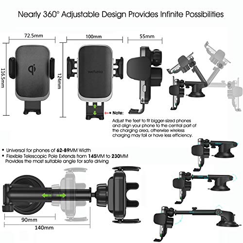 Wefunix 15W/10W/7.5W Qi Cargador Inalámbrico Coche Carga Rápida Sensor Automático para LG V50/G8, Samsung Galaxy S20 S10 S9 S8 S7 Note 10/9/8,Huawei P30 Pro,Xiaomi Mi 9/10, iPhone 11 Pro XS Max XR X 8