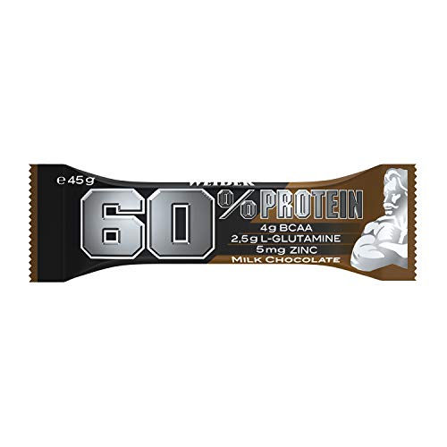 Weider 60% Protein Bar Chocolate con leche 24 x 45 gr. La barrita con más proteína del mercado. Con 4 g de BCAAs por barrita.