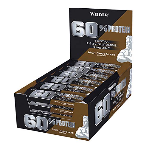 Weider 60% Protein Bar Chocolate con leche 24 x 45 gr. La barrita con más proteína del mercado. Con 4 g de BCAAs por barrita.